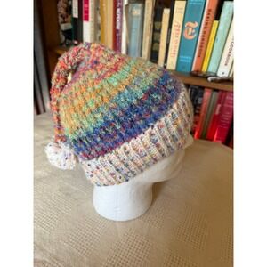 Unbranded Multicolor Rainbow Knit Stocking Cap Beanie Pom Pom Slouchy Boho Hat
